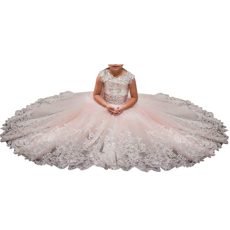 WDE Princess Pale Pink Long Girls Pageant Dresses Kids Prom Puffy Tulle Ball Gown US 12 - Image 1